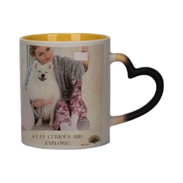 Personalisierte Geschenke für den Feinschmecker - Zaubertasse, innen gelb, 325 ml, mit herzförmigem Henkel, mit Foto selbst online gestalten und bedrucken