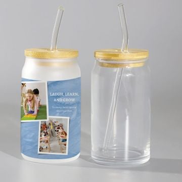 Regalos personalizados para el hogar - Lata de vidrio de 16 OZ con tapa de bambú con foto personalizada