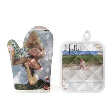 Regalos personalizados para el hogar - Juego de manoplas y agarraderas para horno con borde blanco personalizado con foto y letra