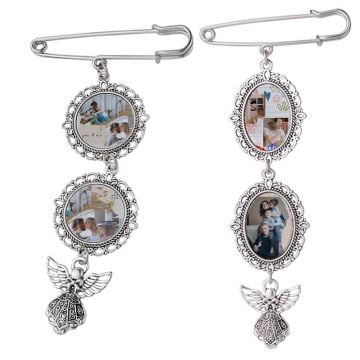 Regalos personalizados para el sentimentalista - Broche de doble marco con dije de ángel personalizado con foto y letra