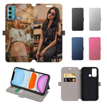 Custom Motorola Moto G60 Leather Flip Wallet Phone Case with Your Own Photos, Texts, Design, etc. - Full Printing