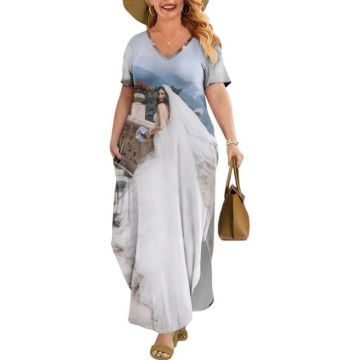 Custom Women's Short Sleeve Plus Size Slit Maxi Dress with Photo, Picture and Your Own Design