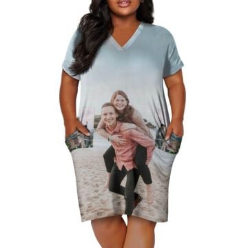 Vestido feminino plus size com decote em V e manga curta com foto personalizadas