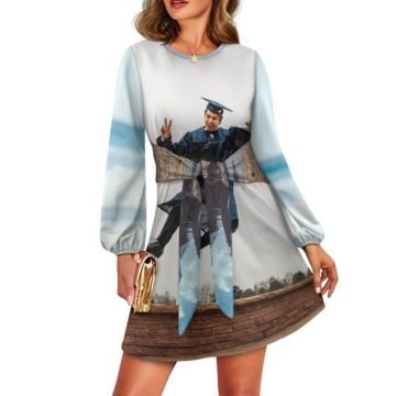 Vestido de mujer con cuello redondo y lazo en la cintura personalizado con foto y letra